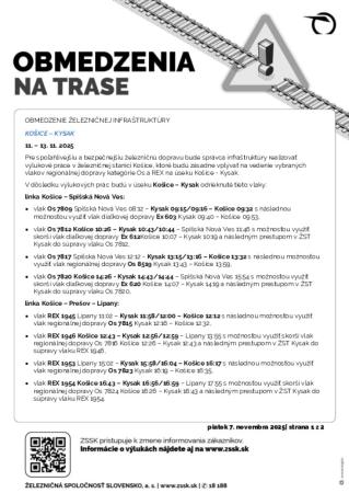 Obmedzenia na trase Košice - Kysak 